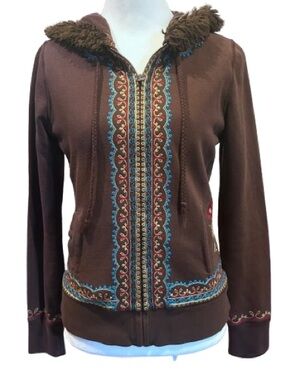 Lucky Brand Vintage Y2K Brown Embroidered Hoodie Faux Fur Trim Boho Jacket Small